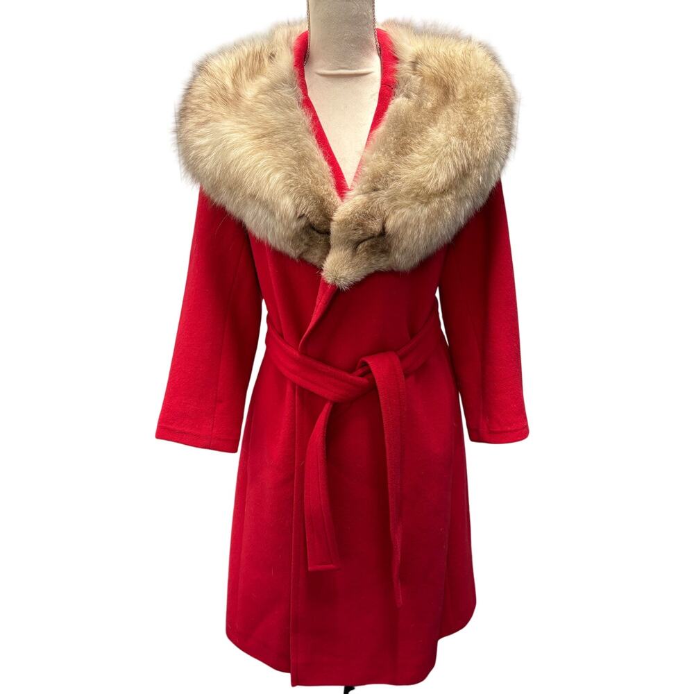 Vintage 1960s Cashmere Belted Fox Fur Collar Coat Size S